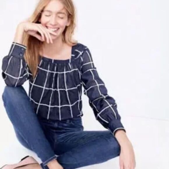 J. Crew The Penny Windowpane Plaid Check Blouse Blue/White Square Neck Sz 6P - Picture 3 of 5